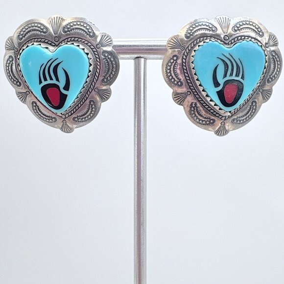 VTG Sterling Silver 925 Turquoise Bear Paw Heart Earrings Size 1" Length - Picture 1 of 11